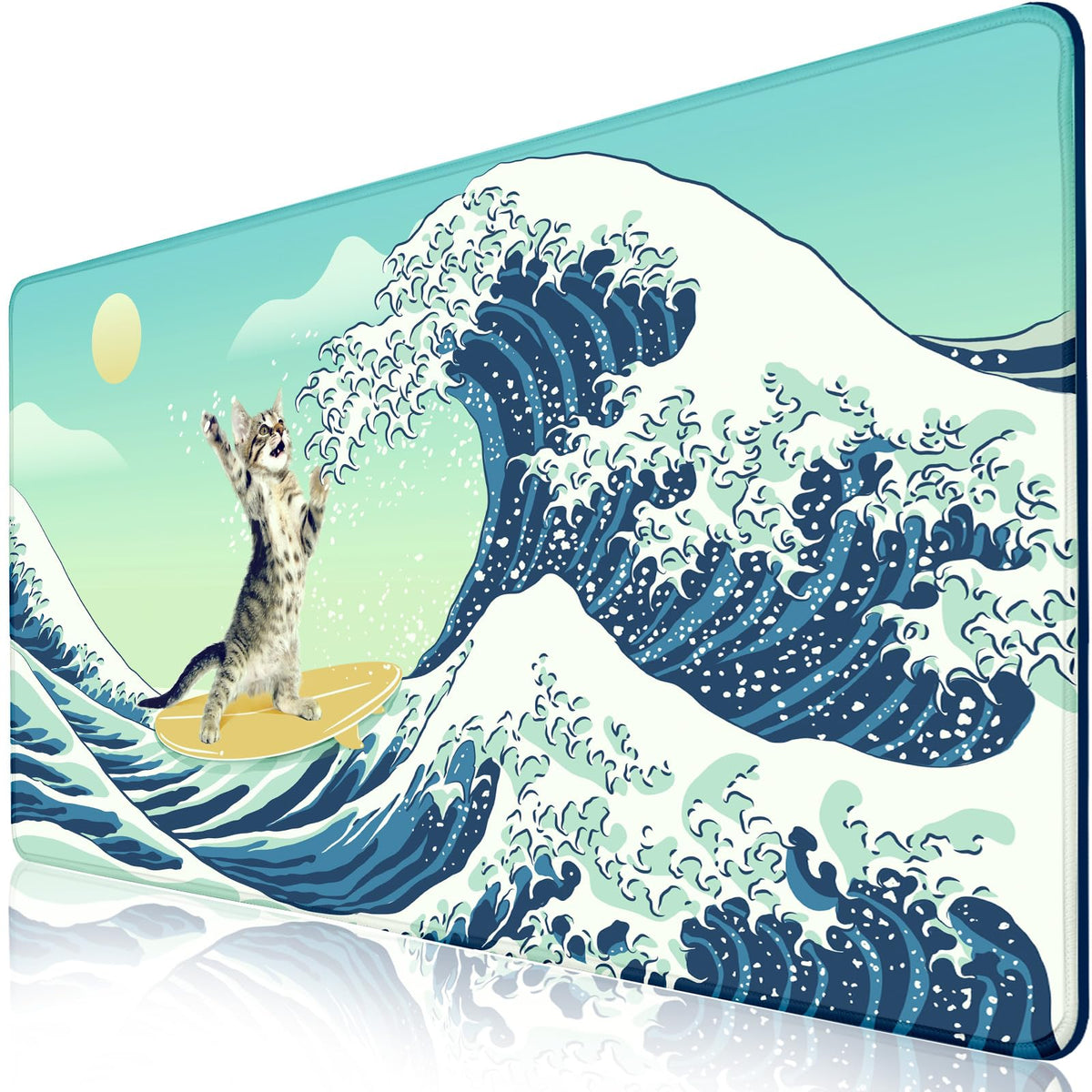Funny Cat Desk Mat, Desk Matt for Desktop, Surfer Cat DeskPad Mat, XXL Large Mouse Pad for Desks