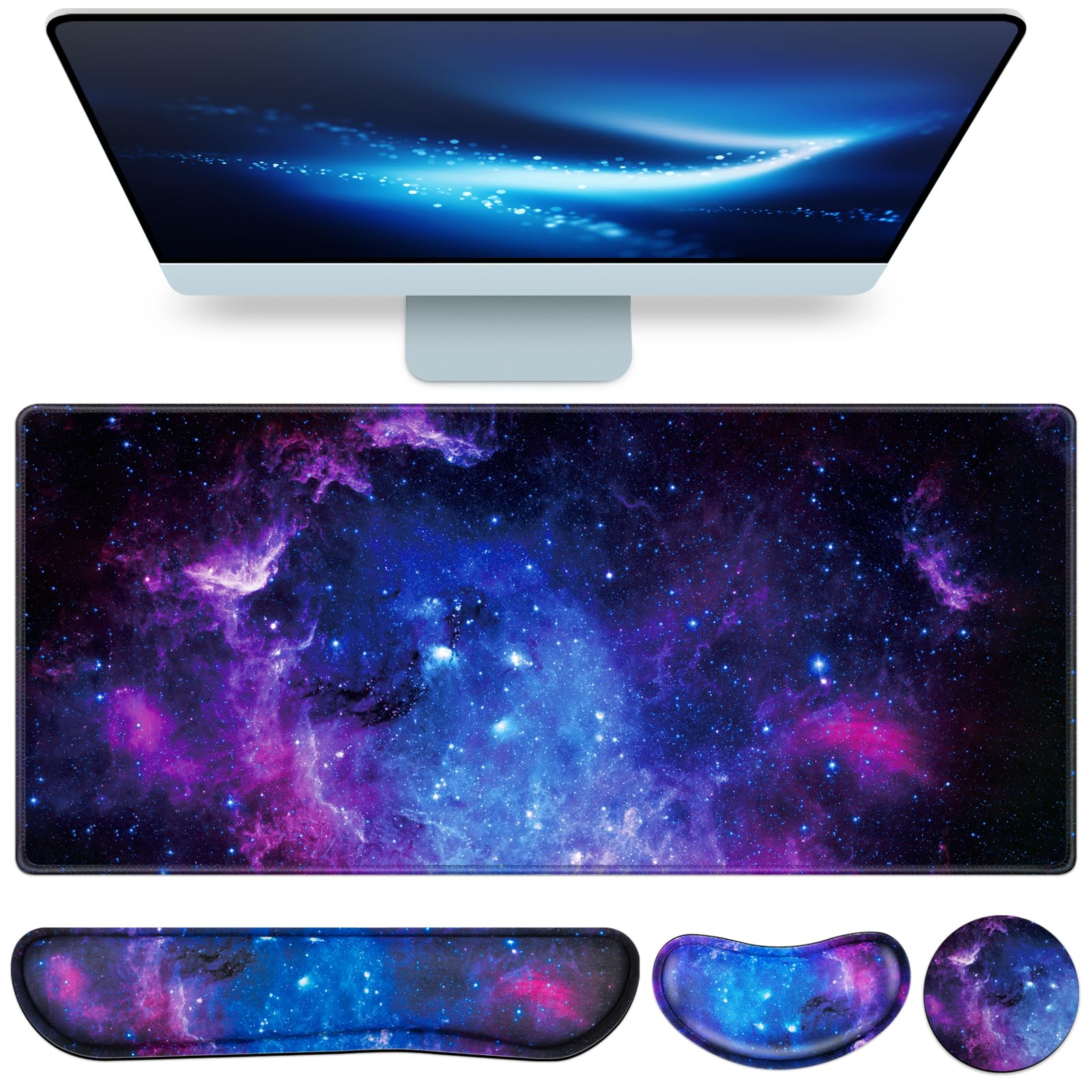 Mouse Pad Galaxy with Wrist Rest, 4-in-1 Large Mousepad Keyboard