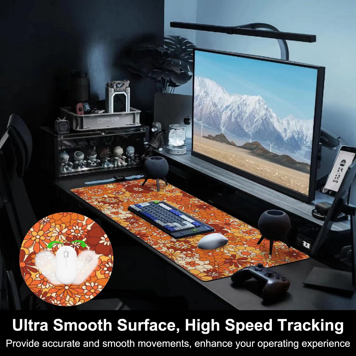 Mouse Pad, Large Retro Boho Hippie Flower Desk Mat, Extended Non-Slip Gaming Keyboard Mousepad Desk