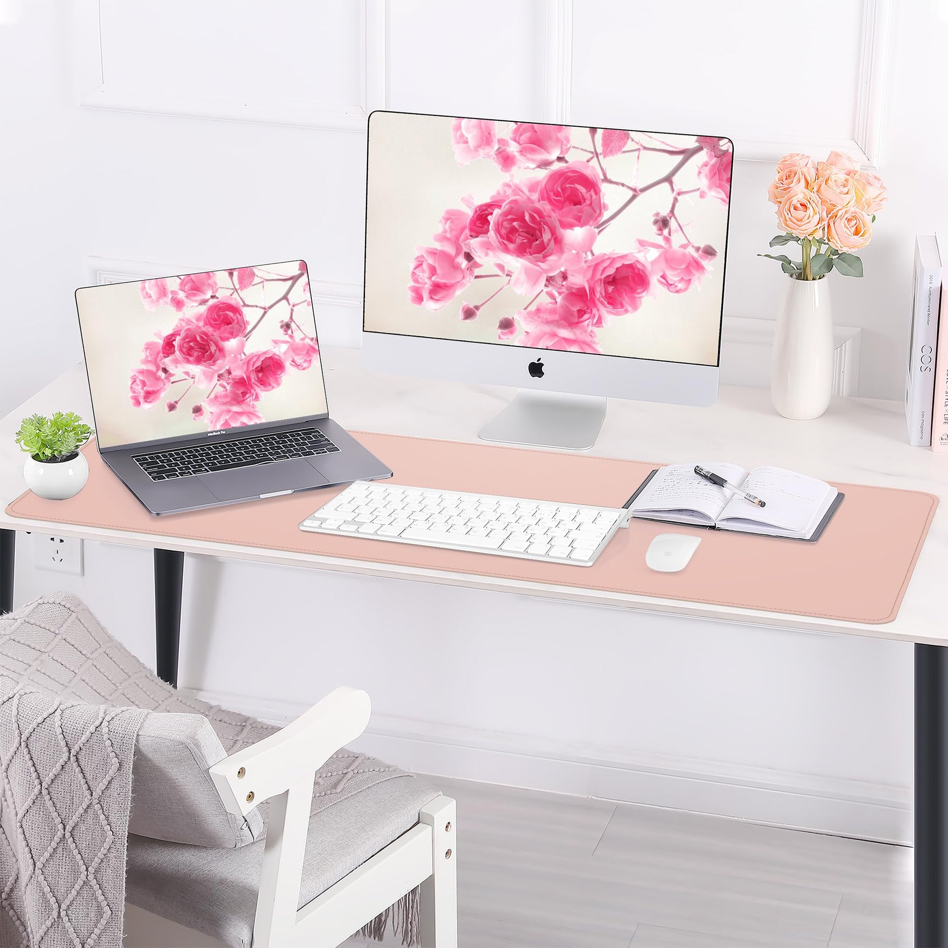 AFIING Large Desk Mat 47.2" x 17.5", Leather Desk Pad Protector with Natural Cork & PU Leather
