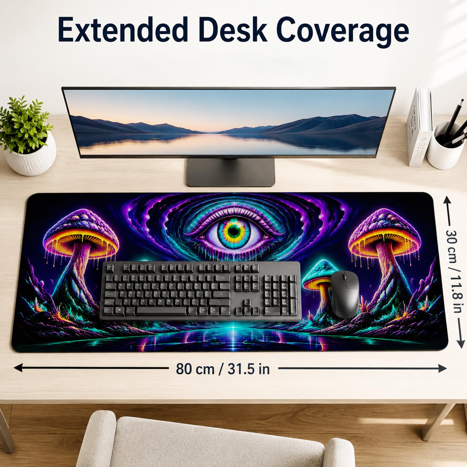 Manicer Mushroom Cosmic Eye Gaming Mouse Pad - UV Blacklight Reactive Desk Mat - 31.5" x 11.8"