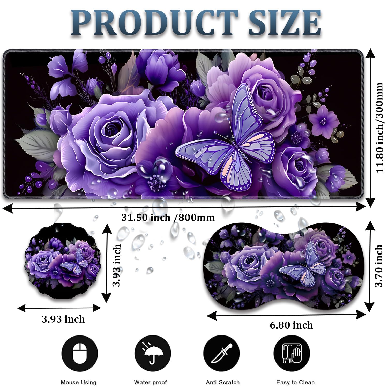 3-Piece Butterfly and Purple Flowers Mouse Pad Set, Including Wrist Support Pad and Cup Holder