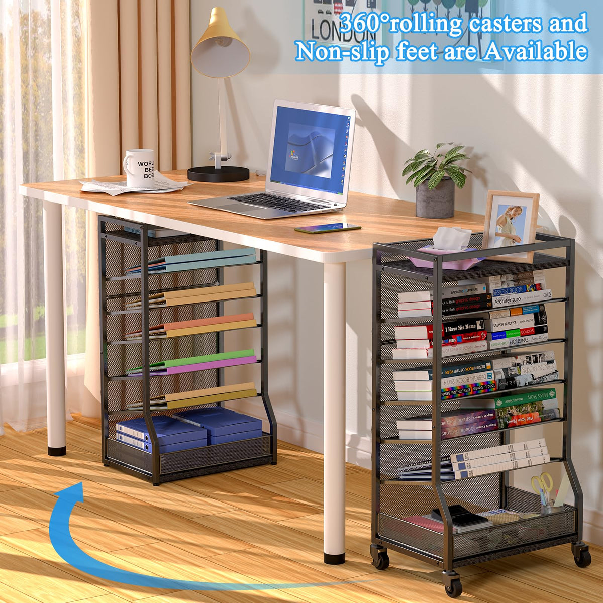 ThreeHio 7 Tier Rolling File Cart with Sliding Trays, Wood Metal File Organizer Beside Desk