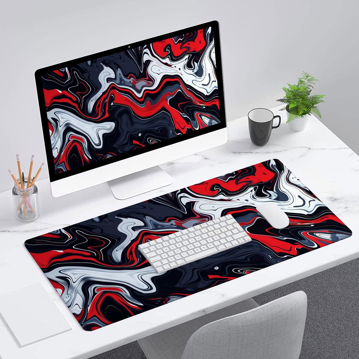 Red Marble Fluid Gaming Mouse Pad Desk Pad Abstract Black White Mousepad XL Large Gaming Mouse Pad