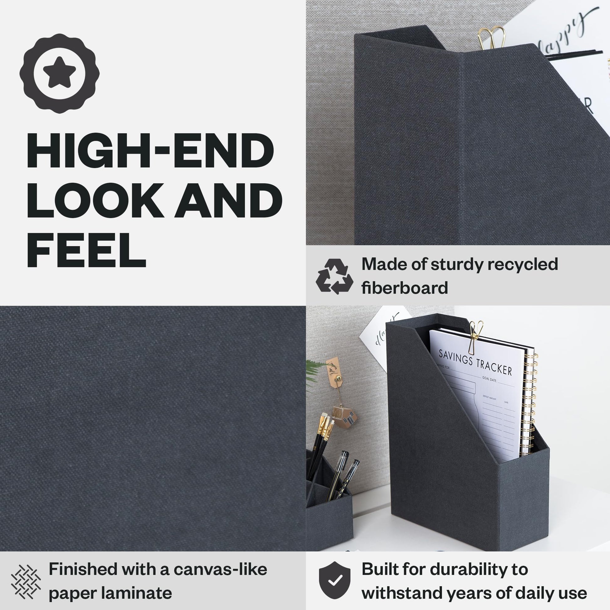 Bigso Estelle Fibreboard Magazine Holder with Leather Handle - Magazine File Holder and Organizer
