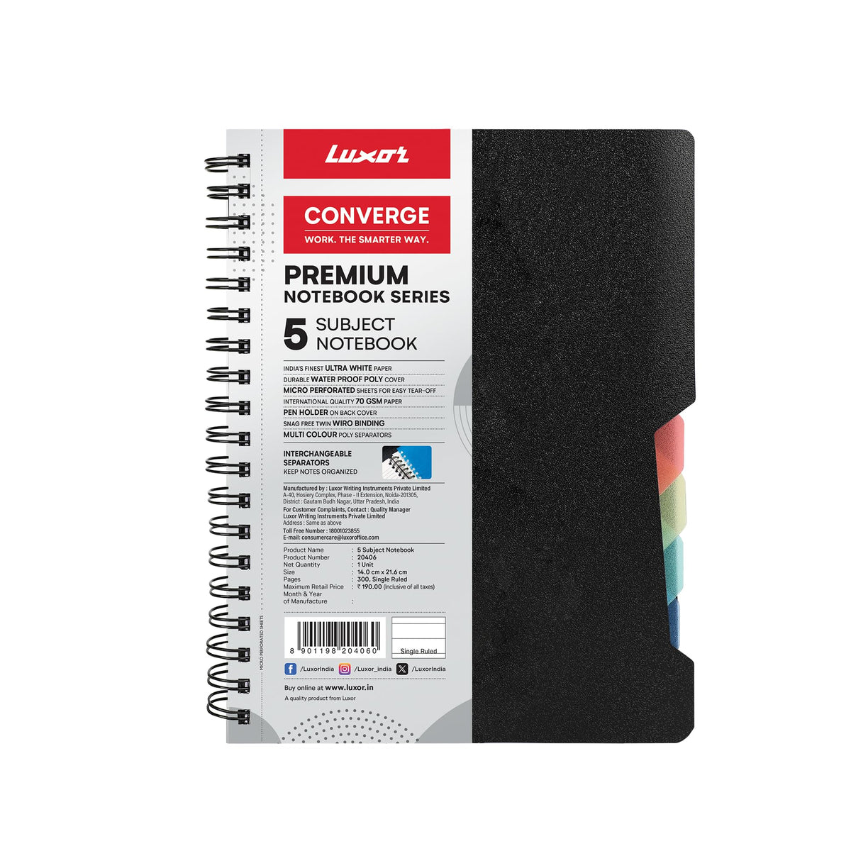 Luxor 5 Subject Single Ruled Notebook - A5 Size, 70 GSM, 300 Pages