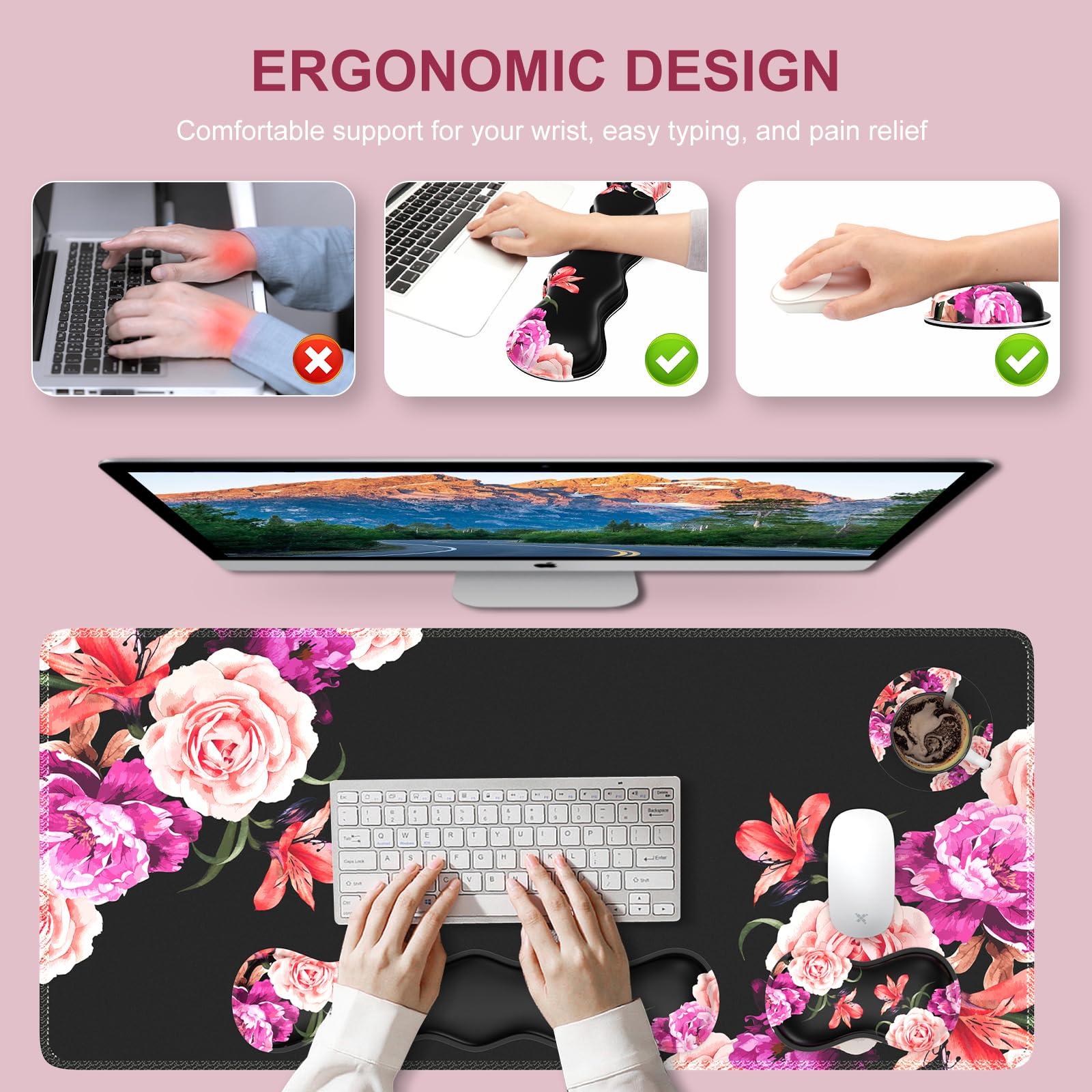 iLeadon Mouse Pad Set, Peony Flower Desk Mat for Keyboard and Mouse