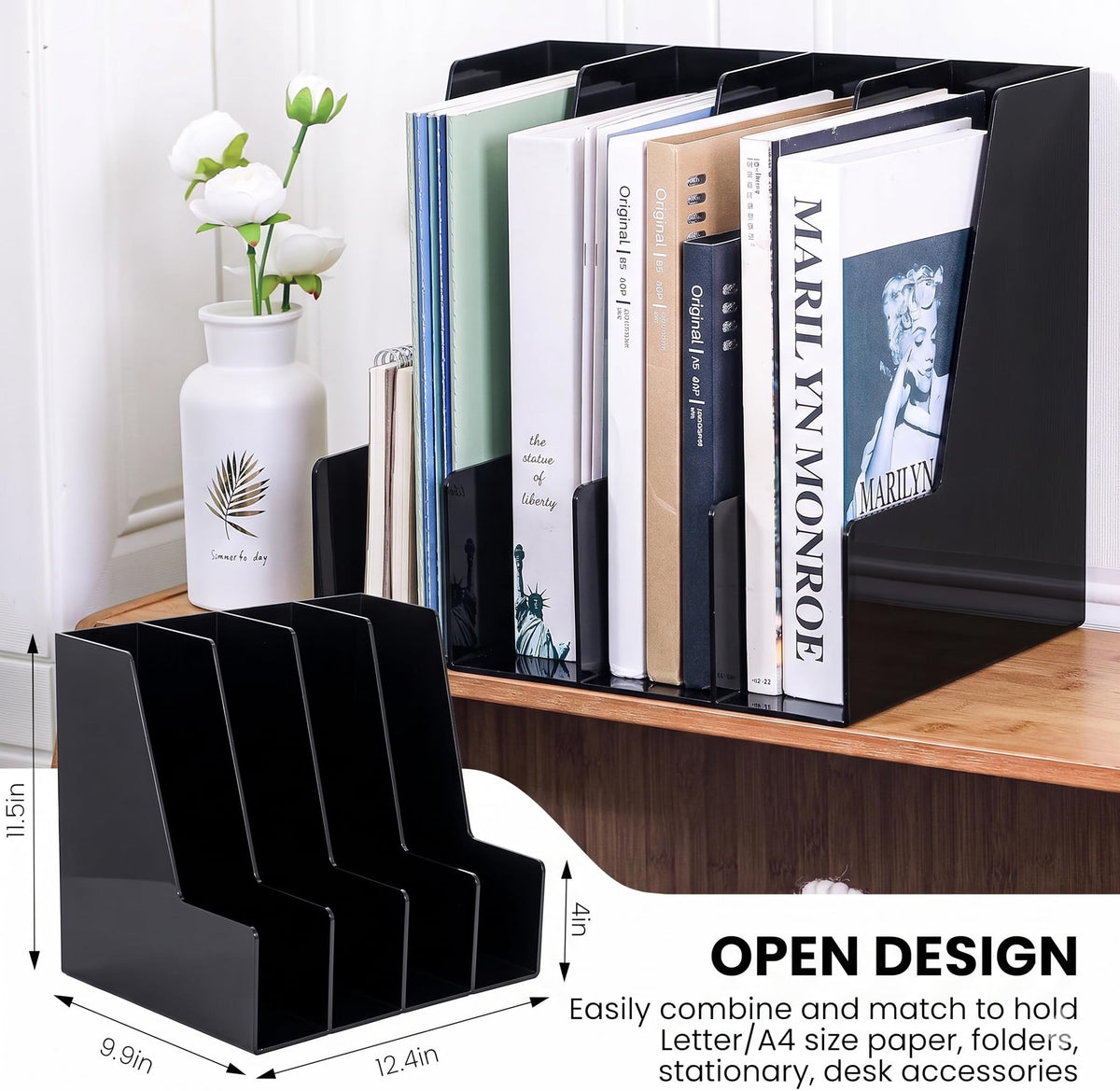 Vertical Magazine File Holder, Black File Organizer Desk Organizer and Storage Bins Holding for