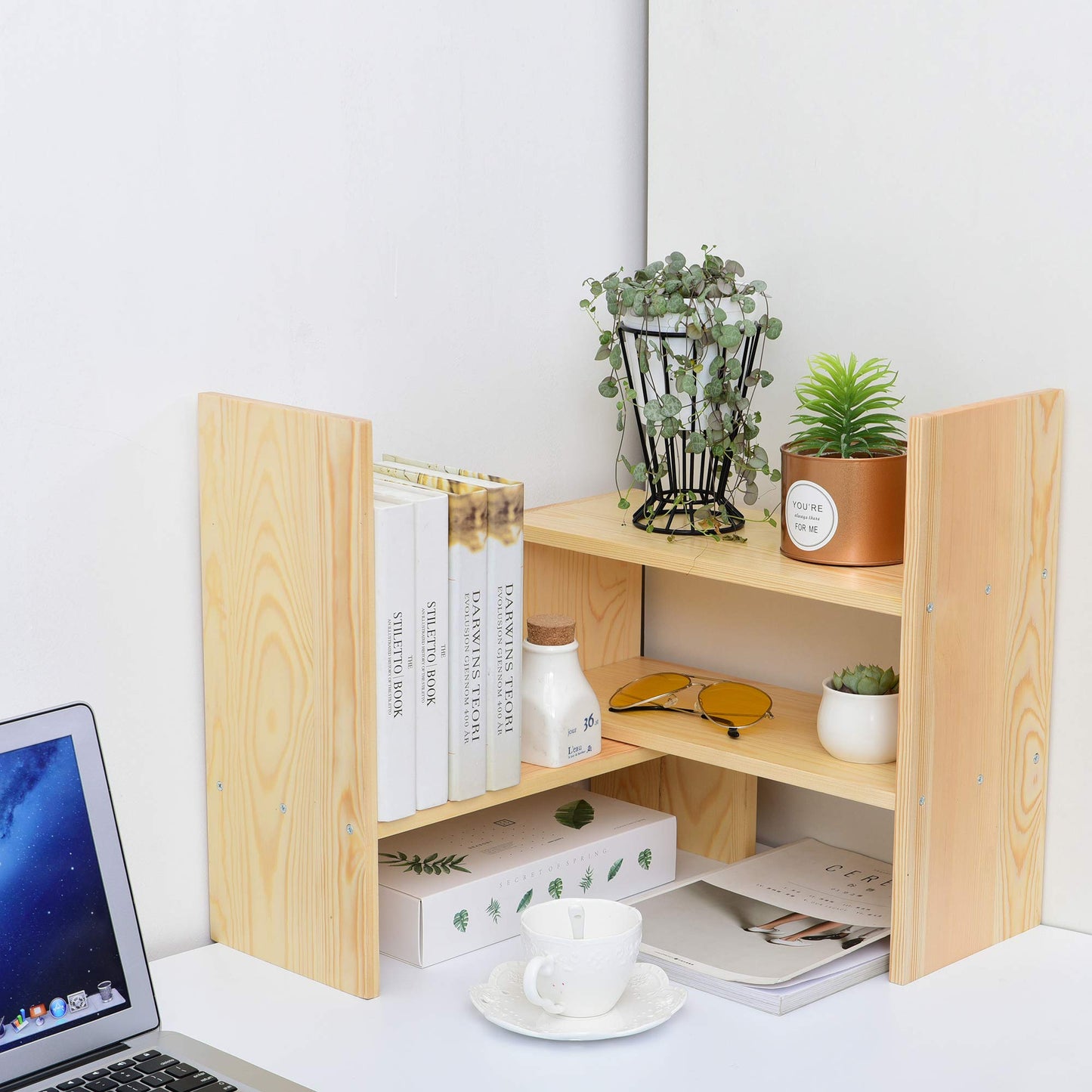 Liry Products Beige Adjustable Extendable Natural Wood Desktop Organizer Caddy Desk Organizer