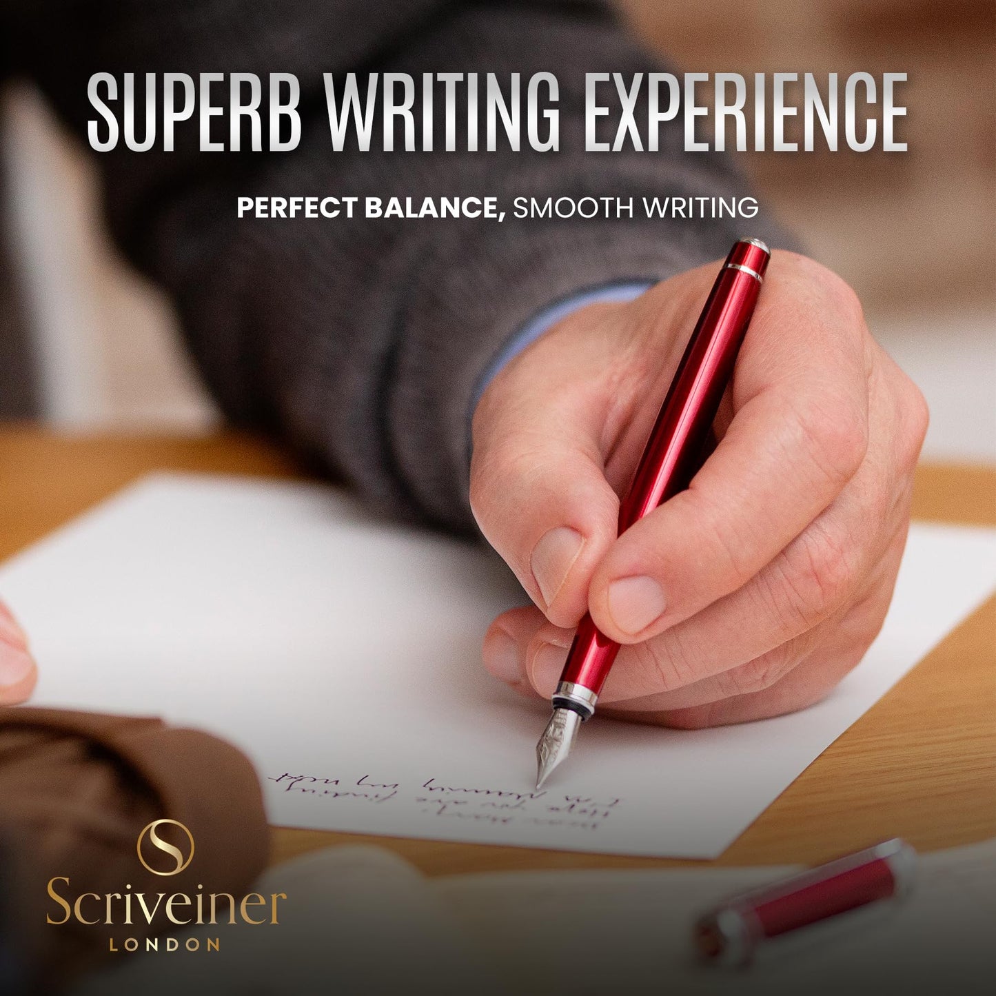 Scriveiner Deep Crimson Red Fountain Pen - Stunning Luxury Pen with Chrome Finish, Schmidt Nib