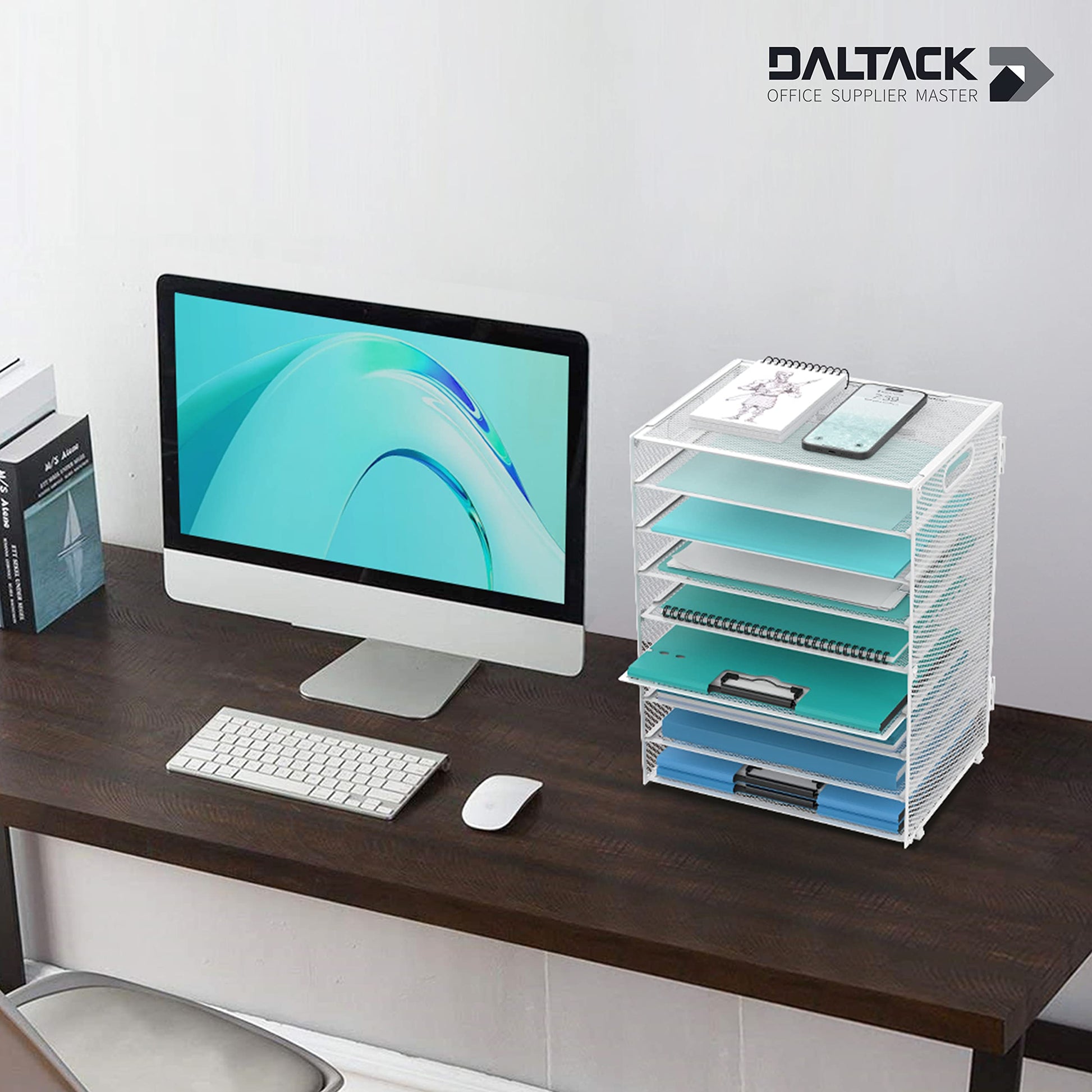 9-Tier Paper Organizer for Desk, Metal Mesh Letter Tray with Handles, White