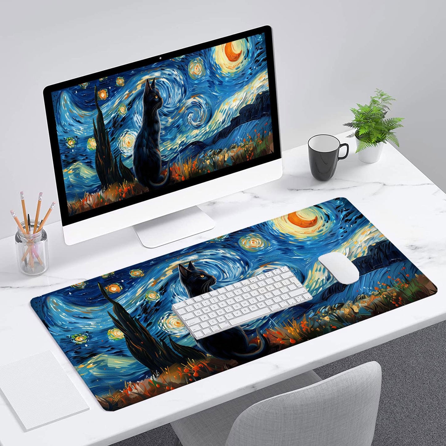 Starry Sky Black Cat Gaming Mouse Pad Starry Night Cute Cartoon Extended Gaming Mouse Pad Mat with