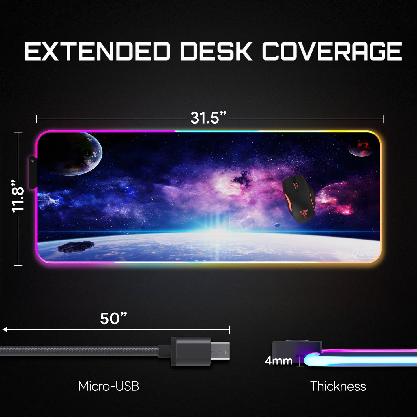 Gerlos RGB Gaming Mouse Pad, Large LED Desk Mat for Gamer, 31.5" x 11.8"