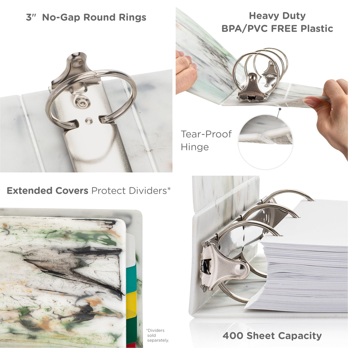 Carstens Limited Edition 3-Inch Green Marble Heavy Duty 3-Ring Binder – Side Opening, Waterproof