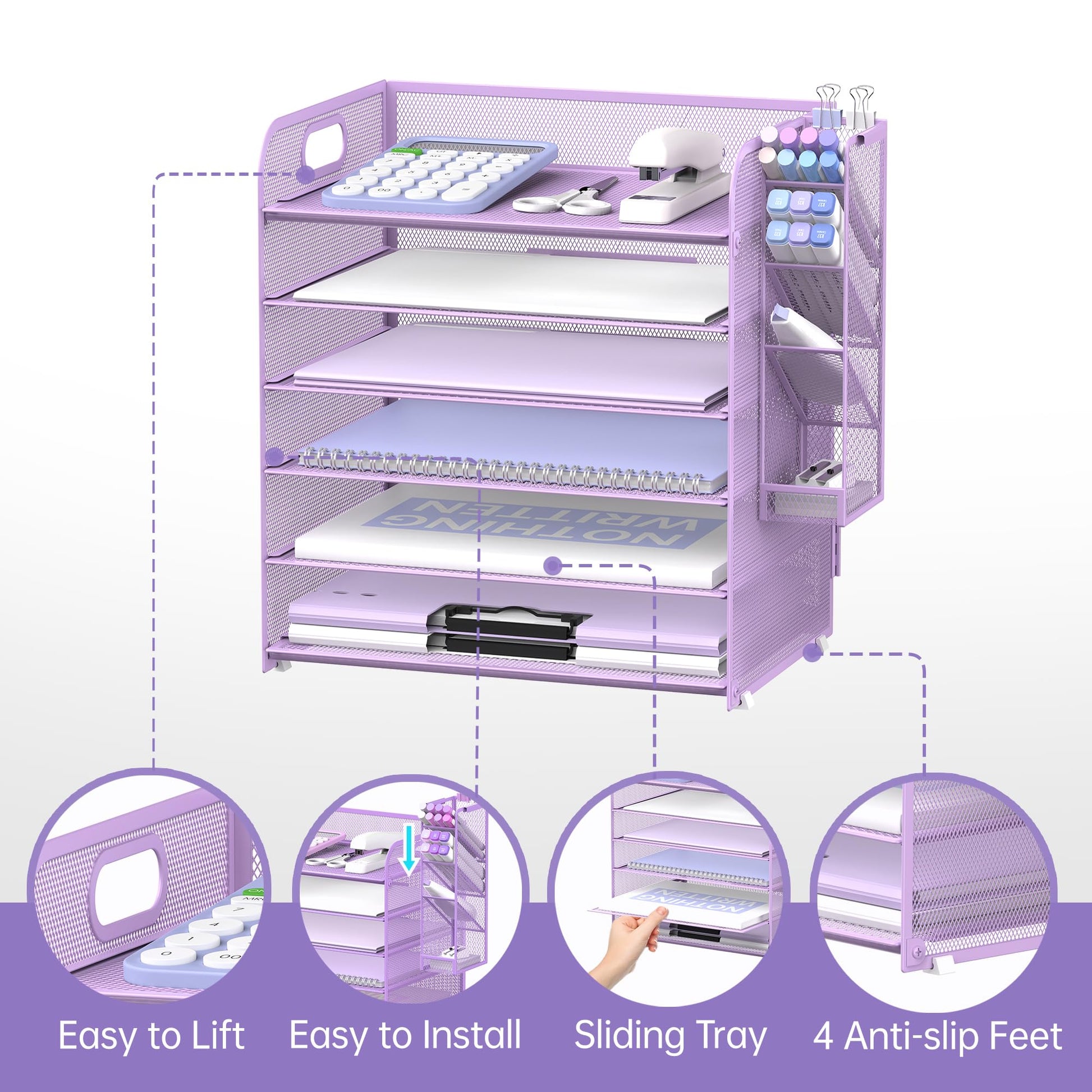Supeasy 6 Tier Desk Organizer with 4 Pen Holders & Mesh Paper Trays Purple