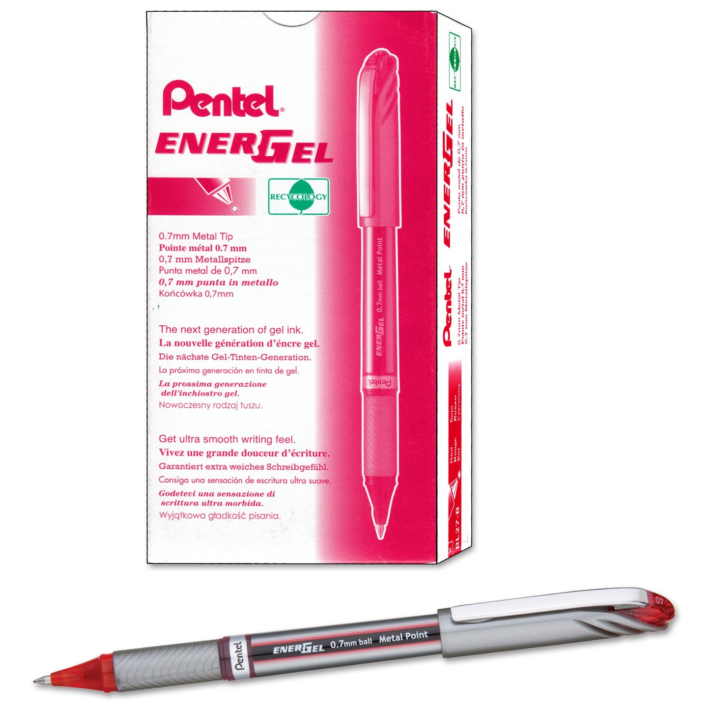 Pentel ENER-GEL NV Liquid Gel Pen, 0.7mm, Medium Line Capped, Metal Tip, Red Ink, Box of 12 (BL27-B)
