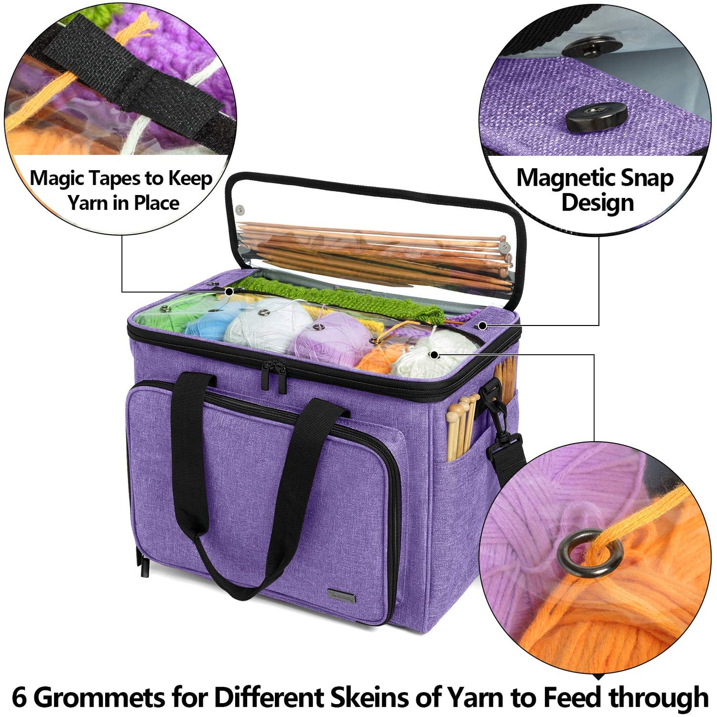 Teamoy Knitting Bag, Yarn Storage Organizer Crochet Bag Tote, Purple