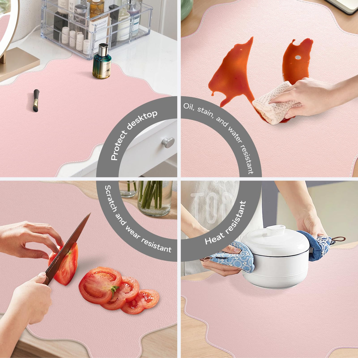 iCasso Pink Scalloped Table Mat, 35.4"x15.7" Desk Pad for Workspace