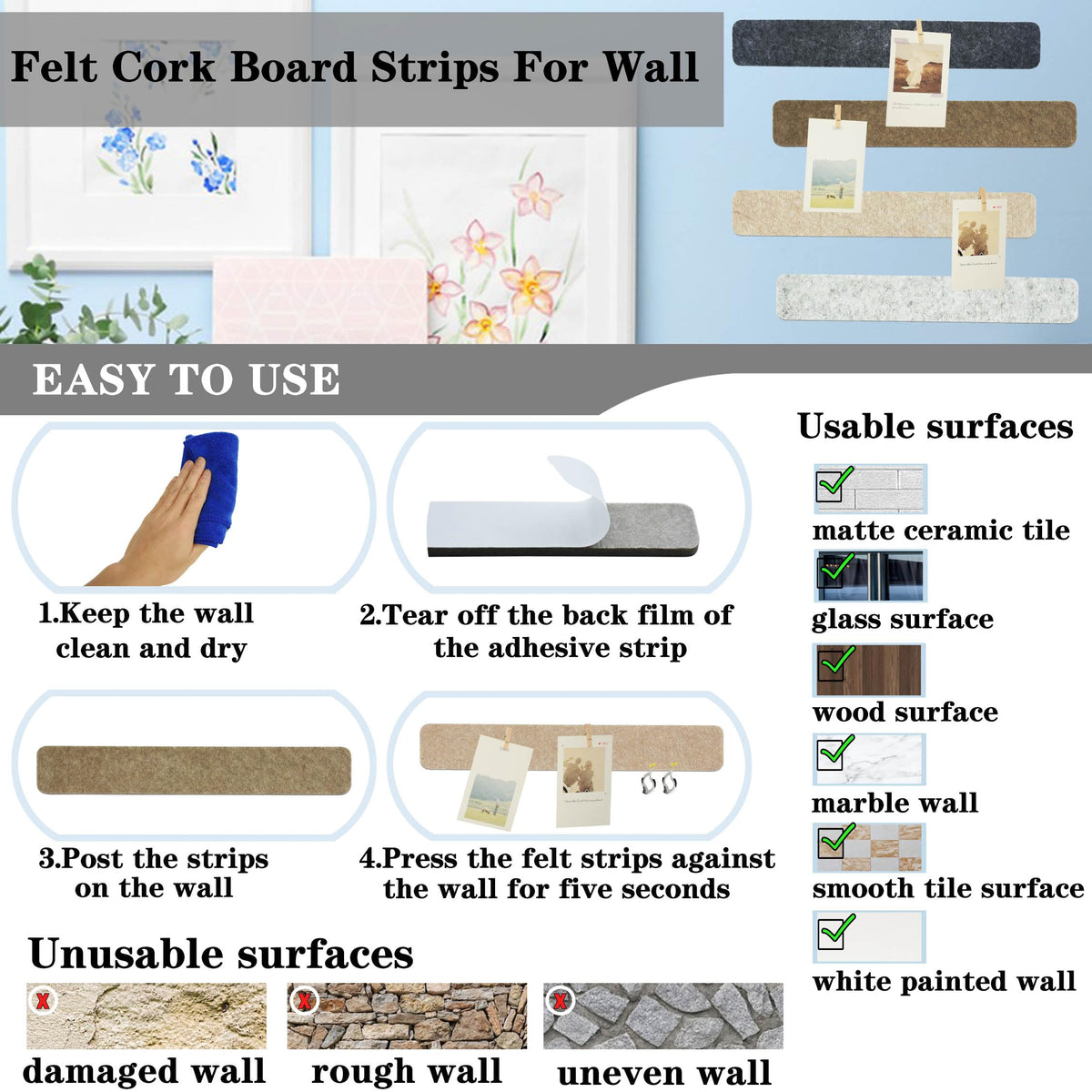 YOUDEFUL 8Pcs Bulletin Board Strip, Felt Cork Board with 50 Pushpins