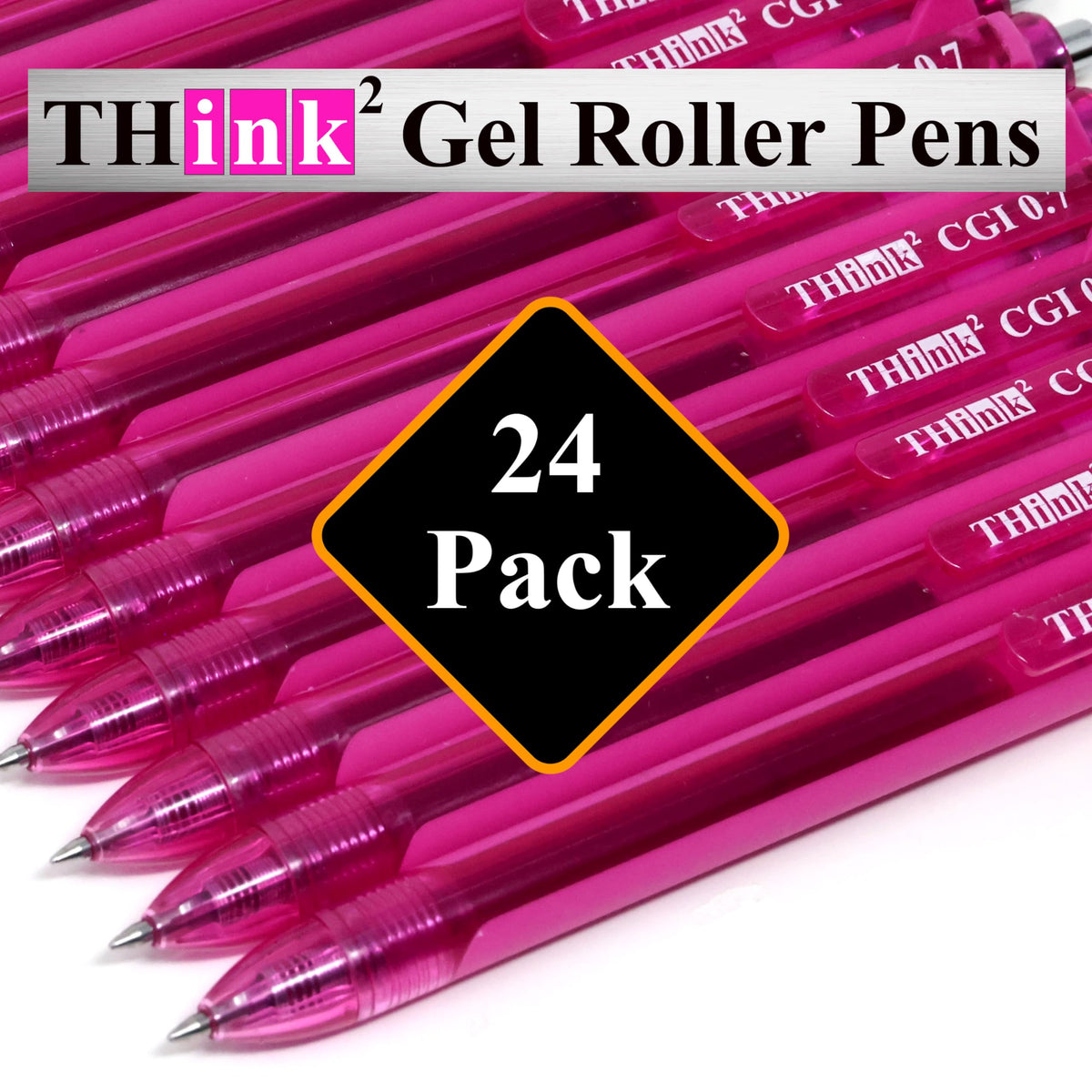 [24 Pens - Pink Ink] Think2 0.7mm CGI Retractable Gel Pens. (24 Pink) Medium Point Rollerball Pens