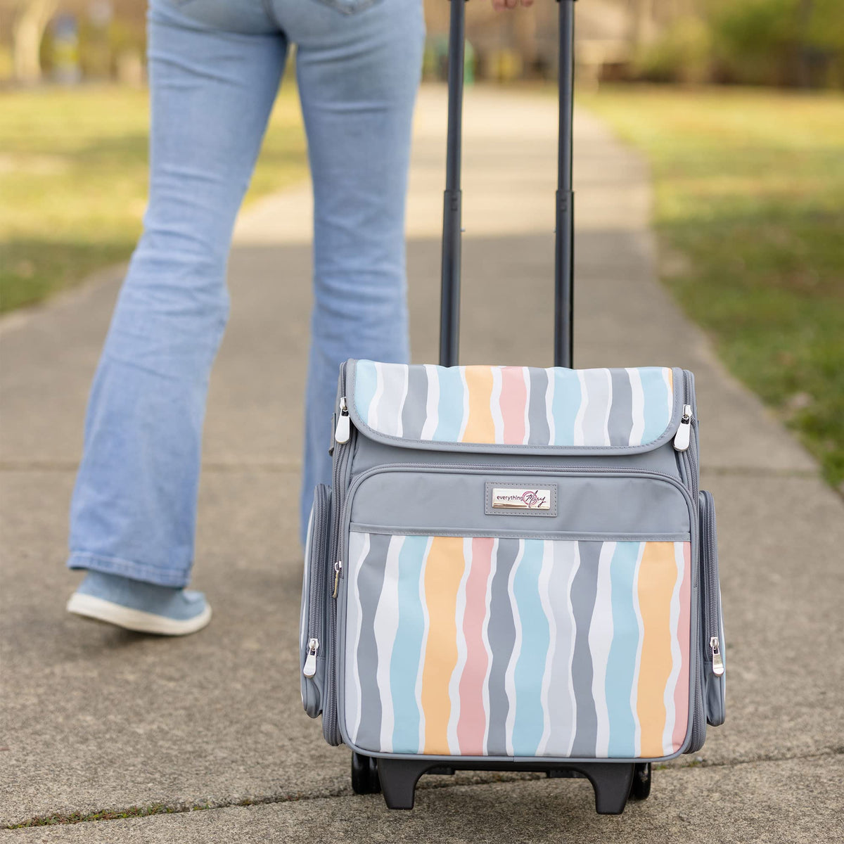 Everything Mary Rolling Scrapbook Tote – Grey Stripes Craft Bag with Wheels – Portable Storage