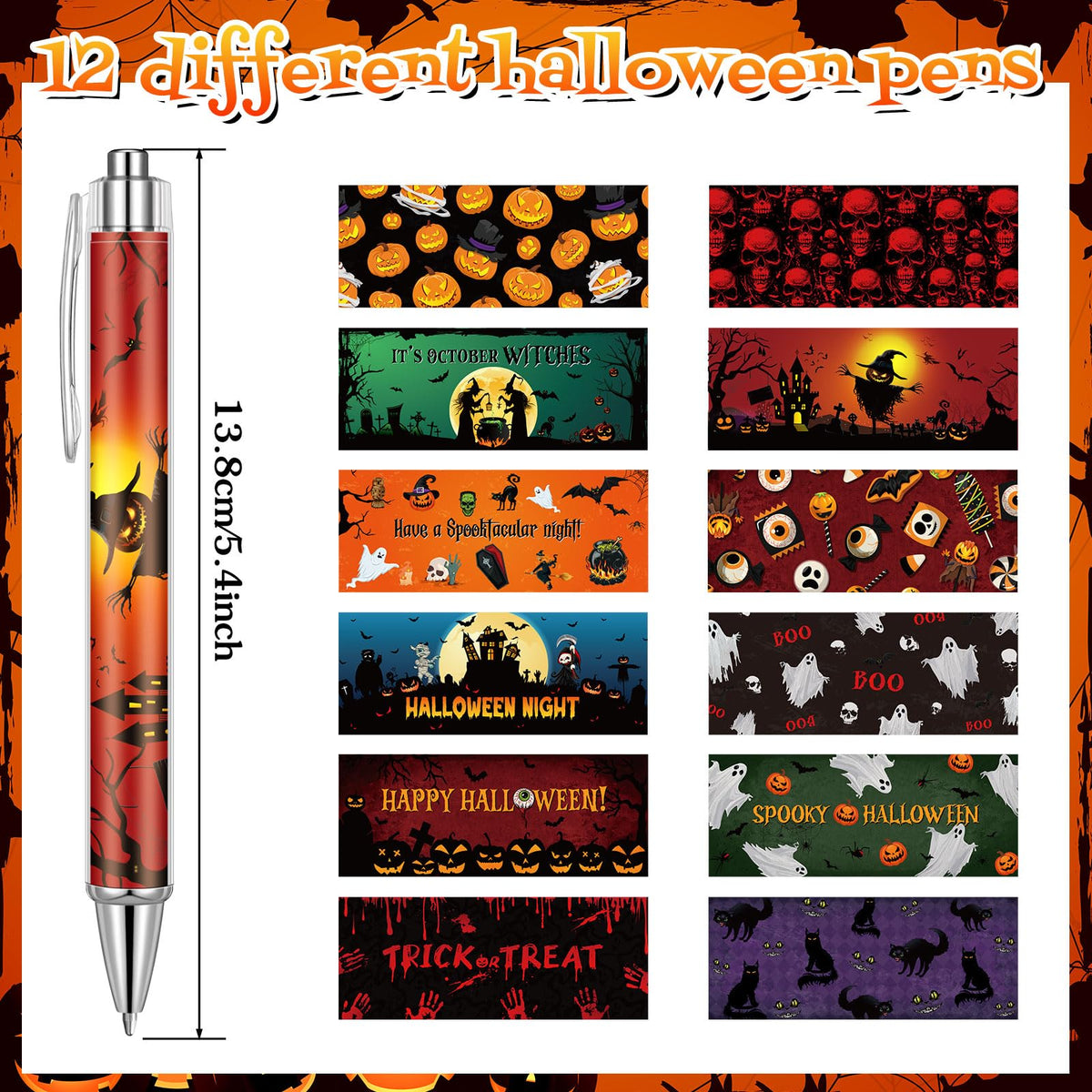 Cholemy 48 Pcs Halloween Pens Bulk Retractable Pumpkin Novelty Black Ink