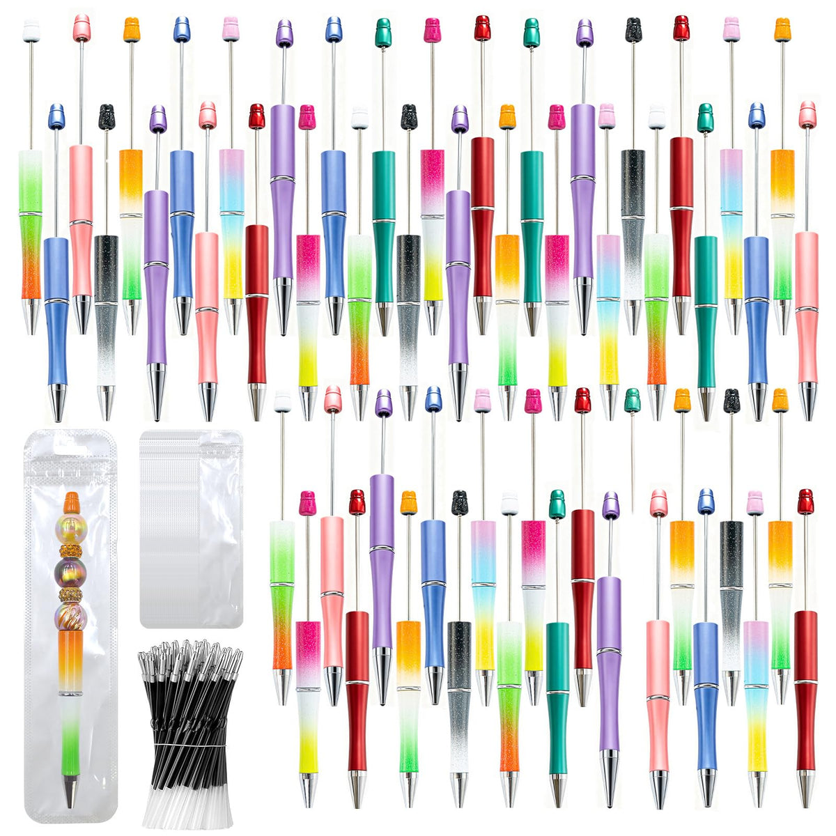 DASTTUIS 150 Pieces DIY Beadable Pen Kit – 50 Plastic Ballpoint Pens with Refills & Bags – School