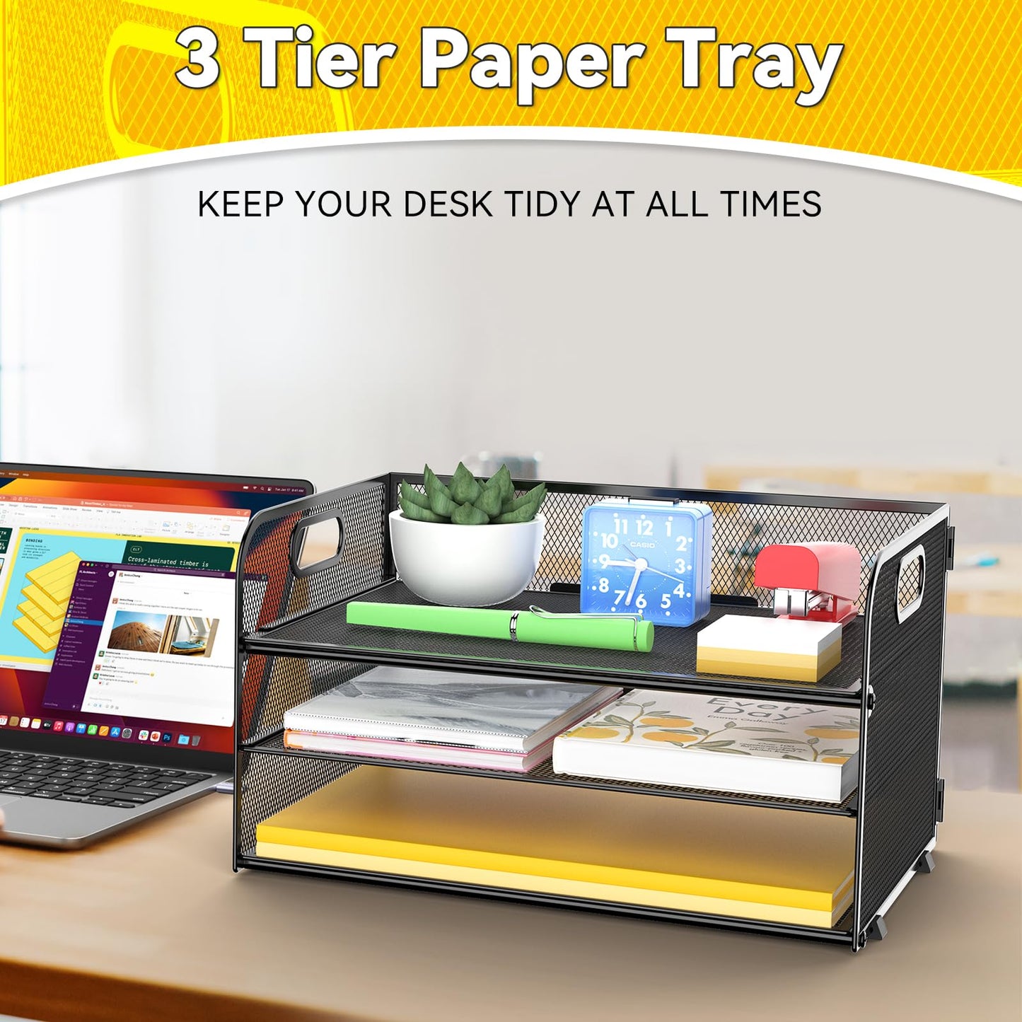 MINDEPOT 3 Tier Paper Organizer Tray with Handle, Mesh Letter Tray