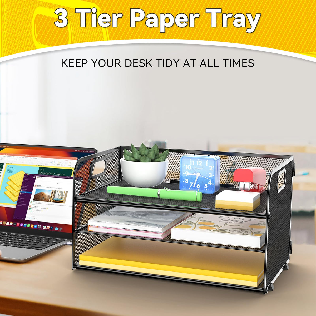 MINDEPOT 3 Tier Paper Organizer Tray with Handle, Mesh Letter Tray
