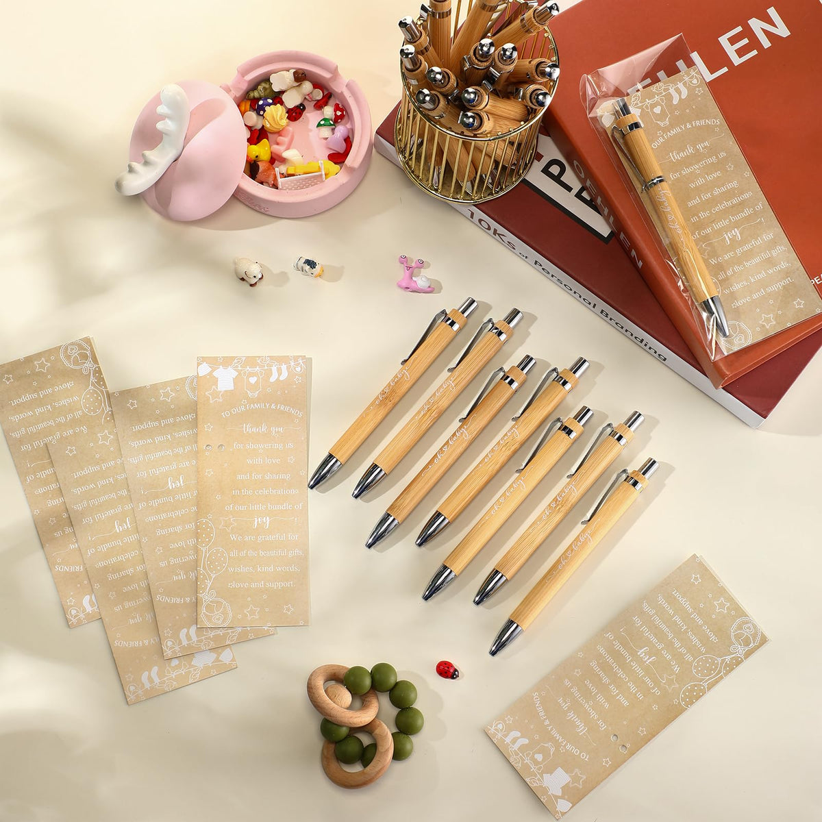Zhanmai 72 Set Baby Shower Favors Bamboo Thank You Pens Cards Bags