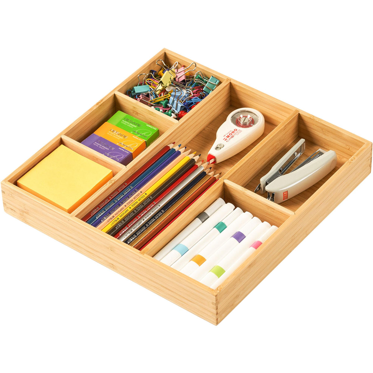 Umilife Bamboo Desk Drawer Organizer, Wood Office Junk Tray, 12"x12"