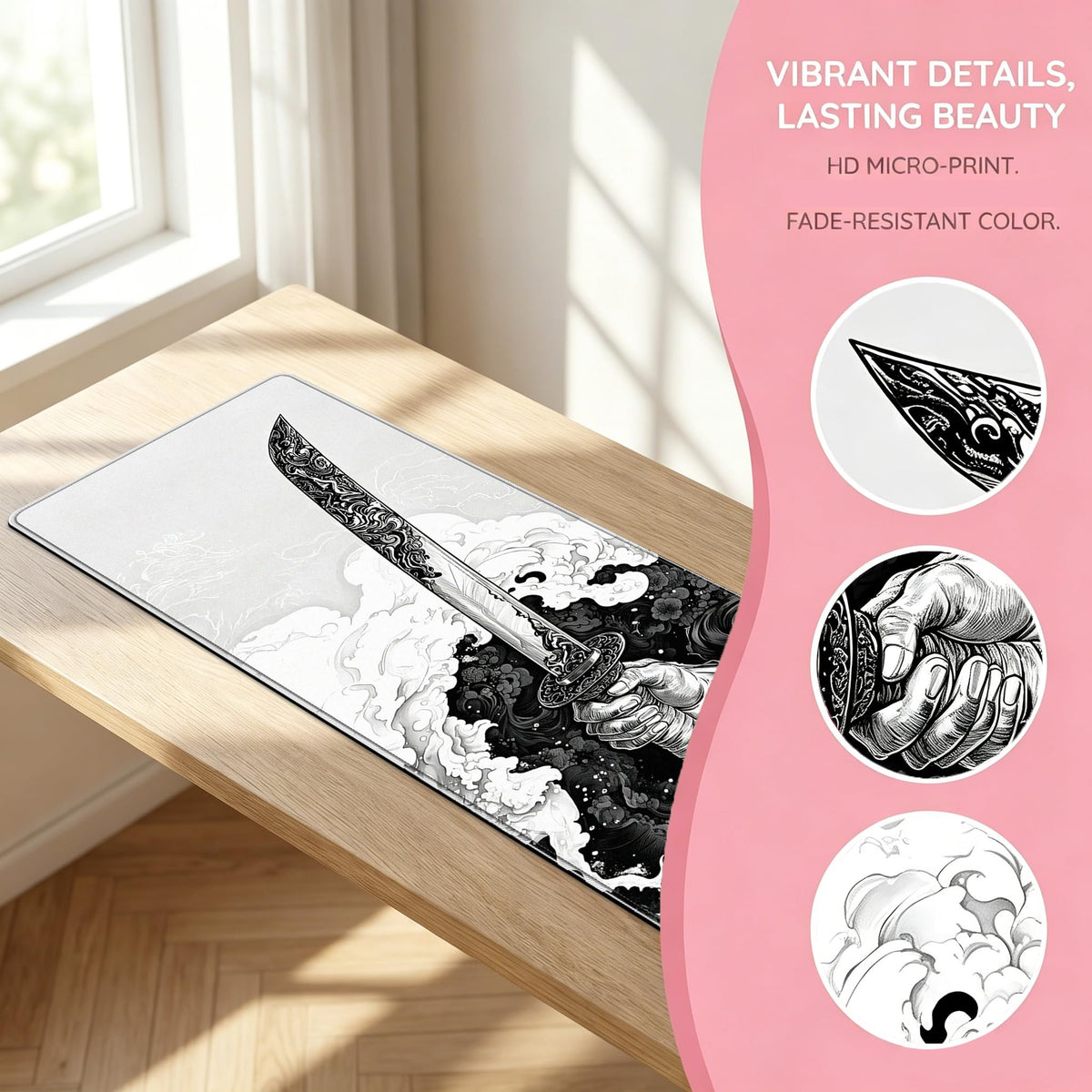 PEPYJAN Black and White Japanese Samurai Sword Game Mouse Pad, Extended Large Desktop Pad, Stitched