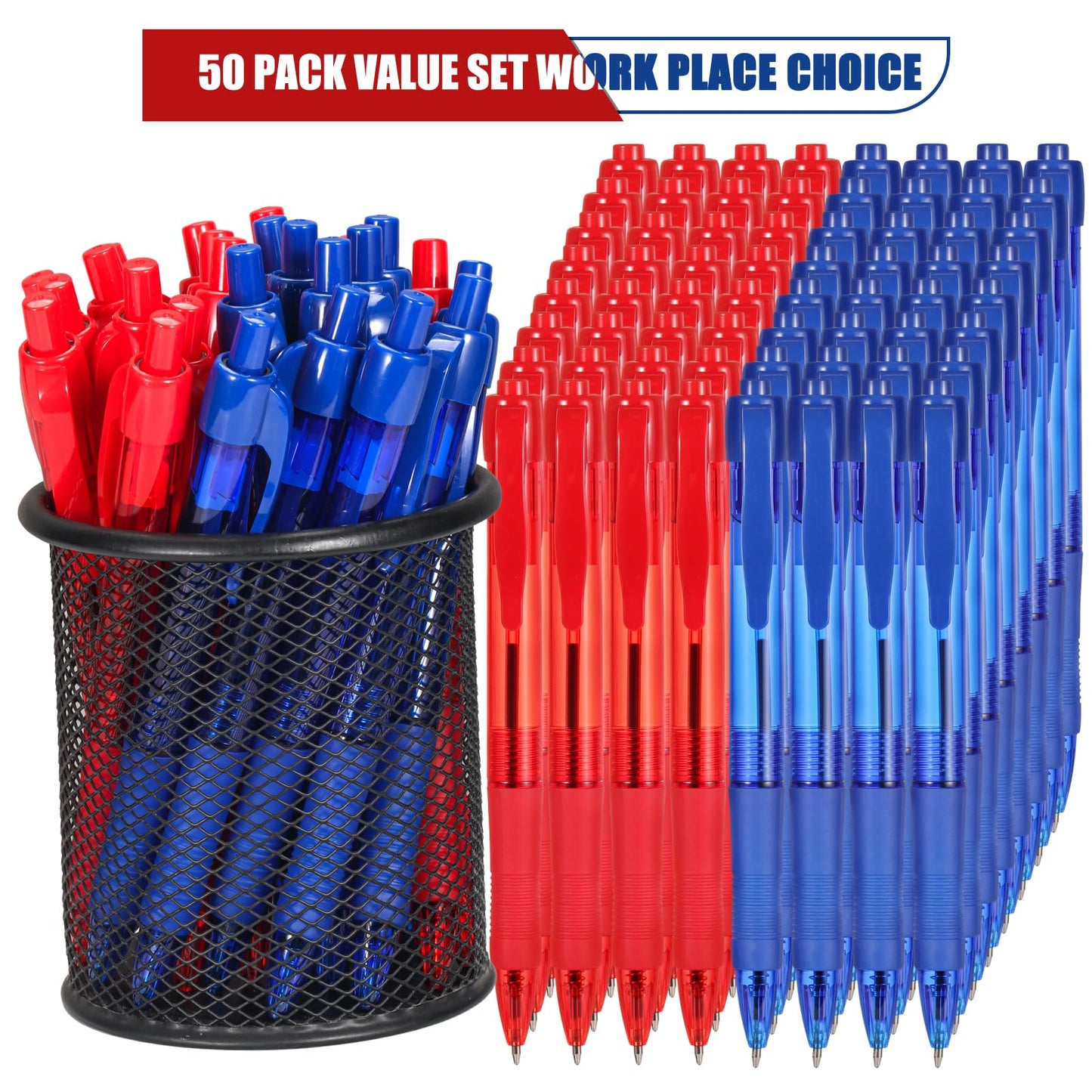 deegtran Pens Bulk, 50 Pack No Bleed Blue & Red Ink Click Pens with Soft Grip, Wholesale