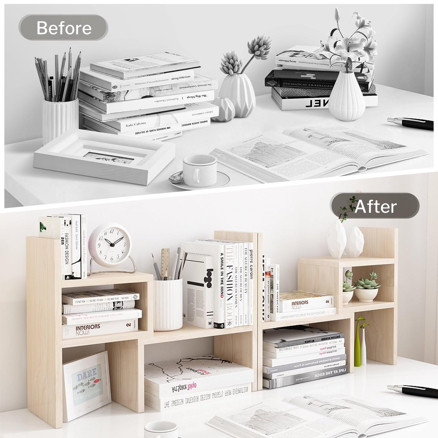 Jerry & Maggie Desktop Organizer Office Storage Rack Adjustable Wood Display Shelf, White, 5 Units