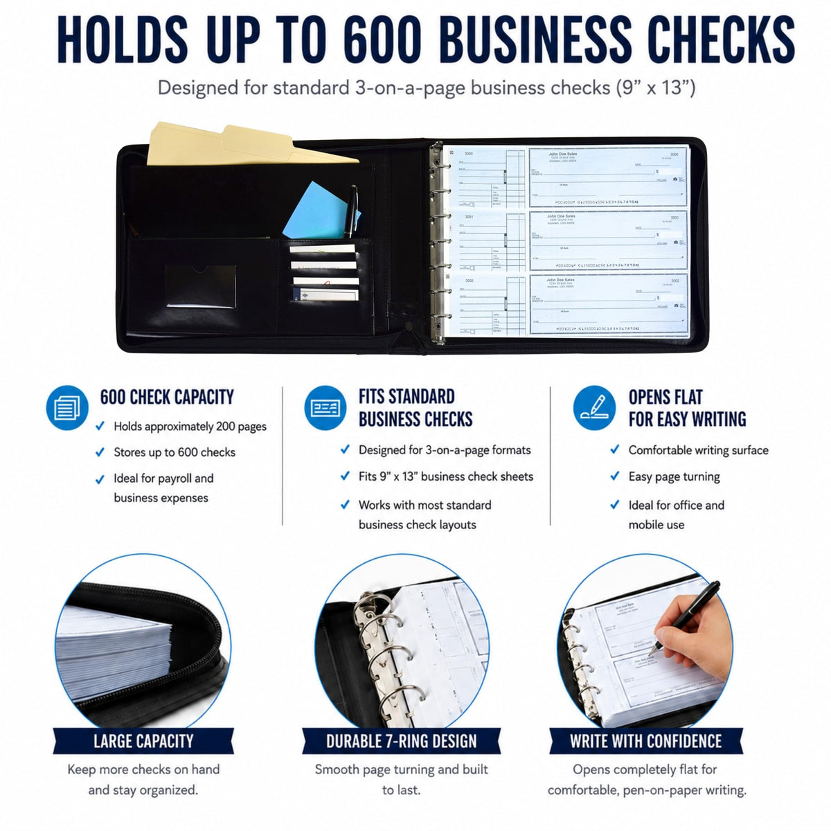 Executive PU Leather 7-Ring Business Check Binder
