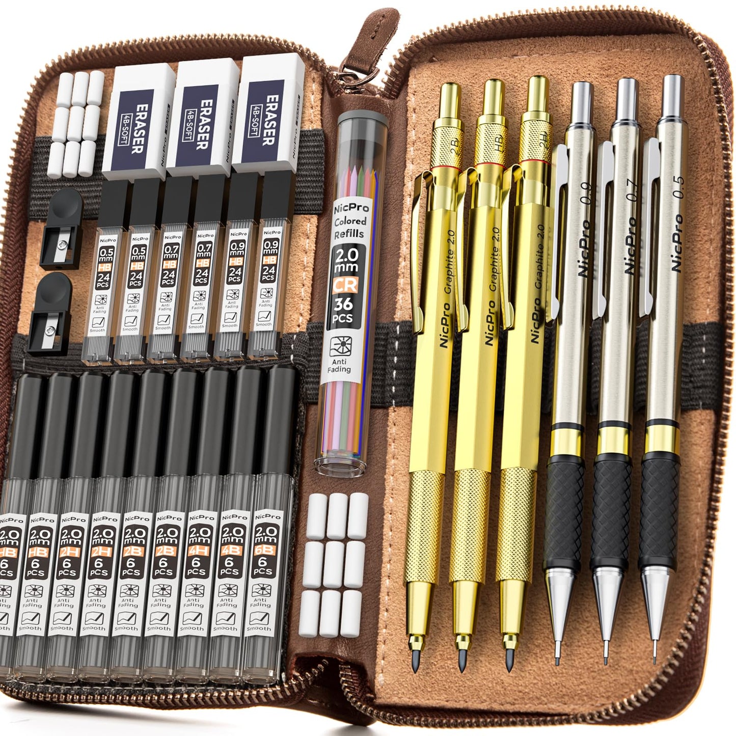 Nicpro 30PCS Art Mechanical Pencils Set in Leather Case-Gold