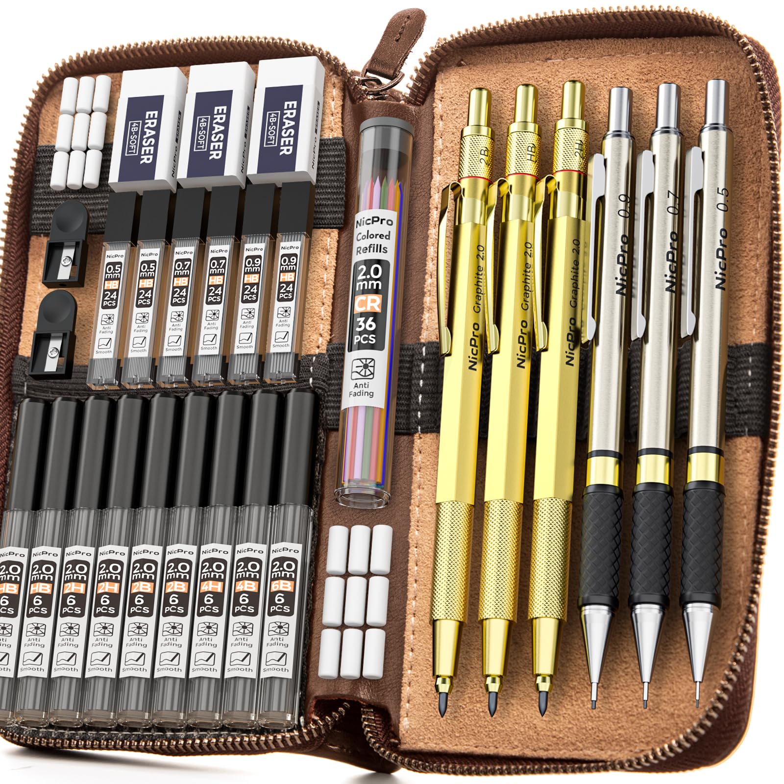 Nicpro 30PCS Art Mechanical Pencils Set in Leather Case-Gold