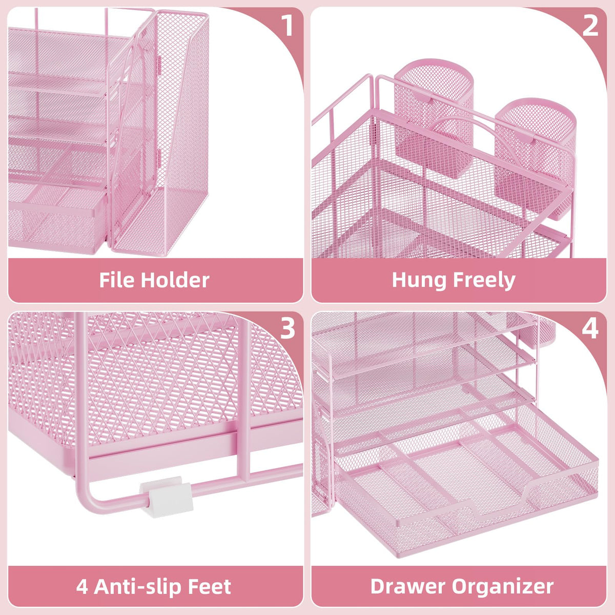 Marbrasse 4-Tier Paper Tray Organizer with Drawer and Pen Holder, Pink