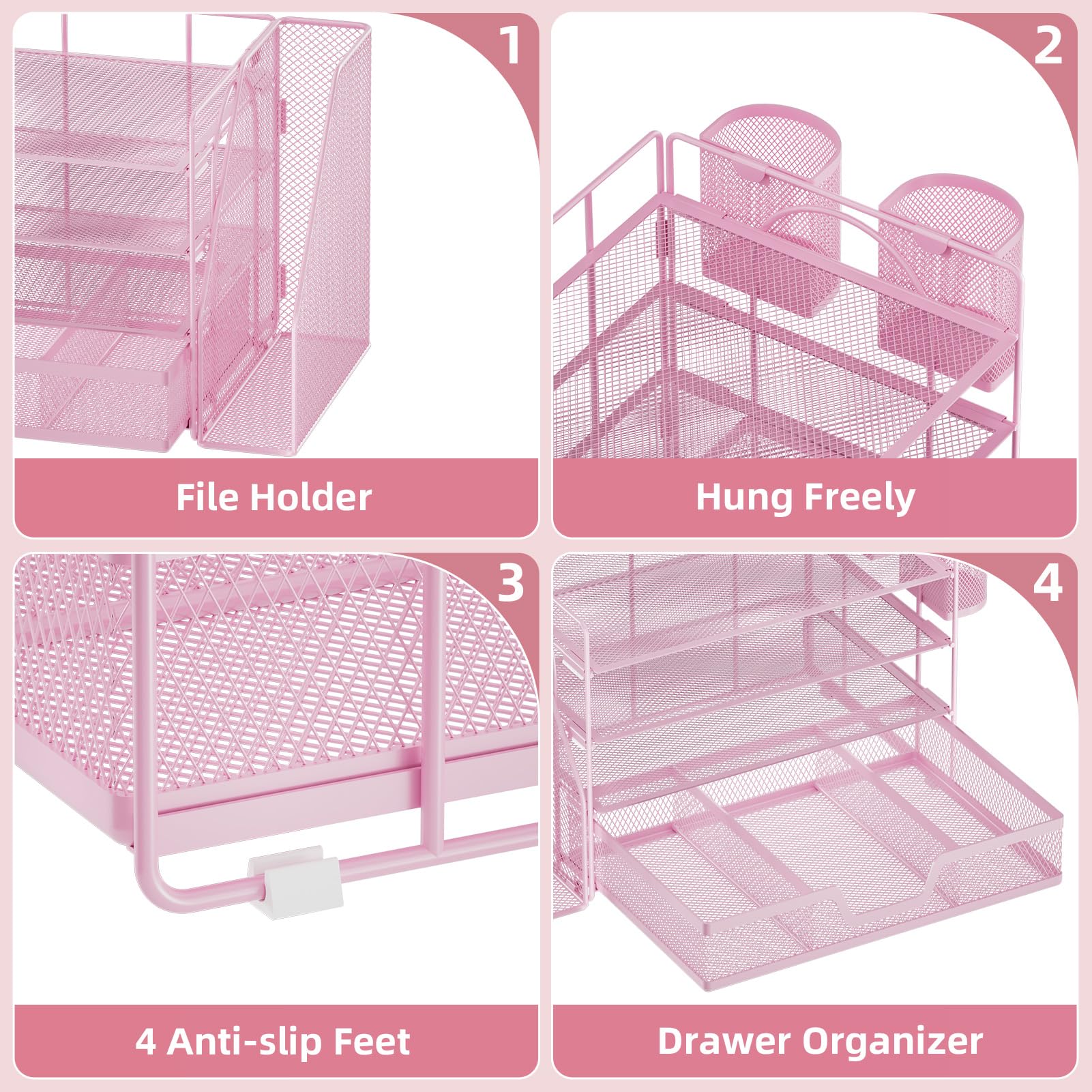 Marbrasse 4-Tier Paper Tray Organizer with Drawer and Pen Holder, Pink