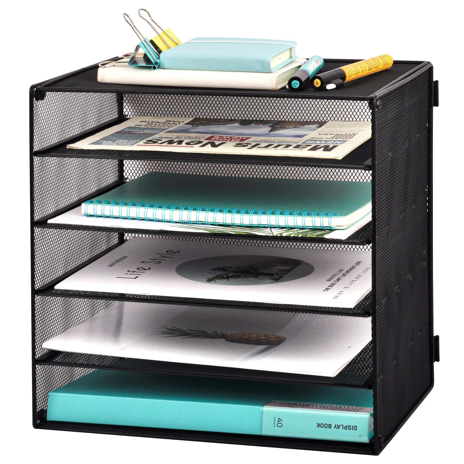 EASEPRES 5 Slot Mesh Desk Organizer Tray, File Paper Letter Folder Holder Desktop Paper Sorter Mail