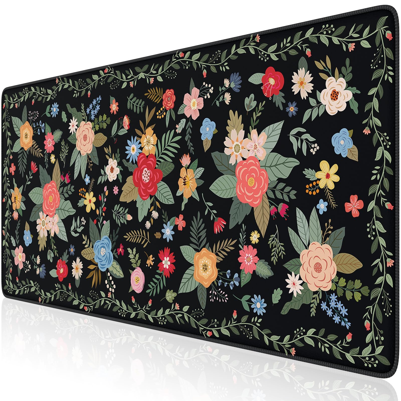 iCasso Desk Mat for Keyboard and Mouse,Cute Mouse Pad,Black Floral