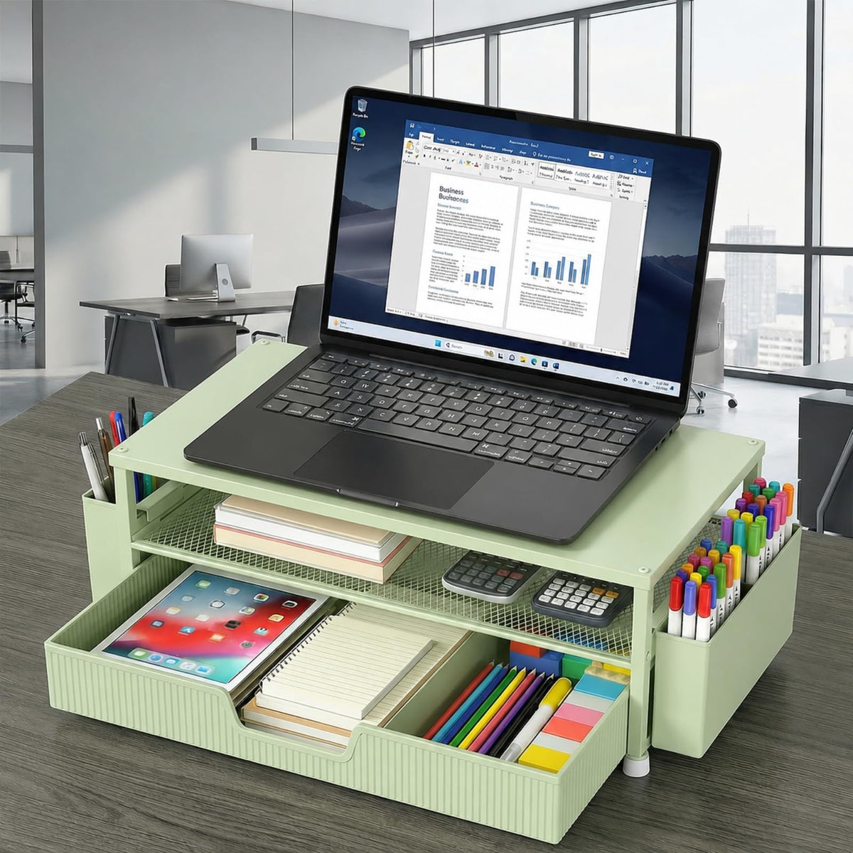 ECOLOVI Desk Organizer and Accessories, 2-Tier Computer Monitor Stand Rise with Storage Drawer & 2