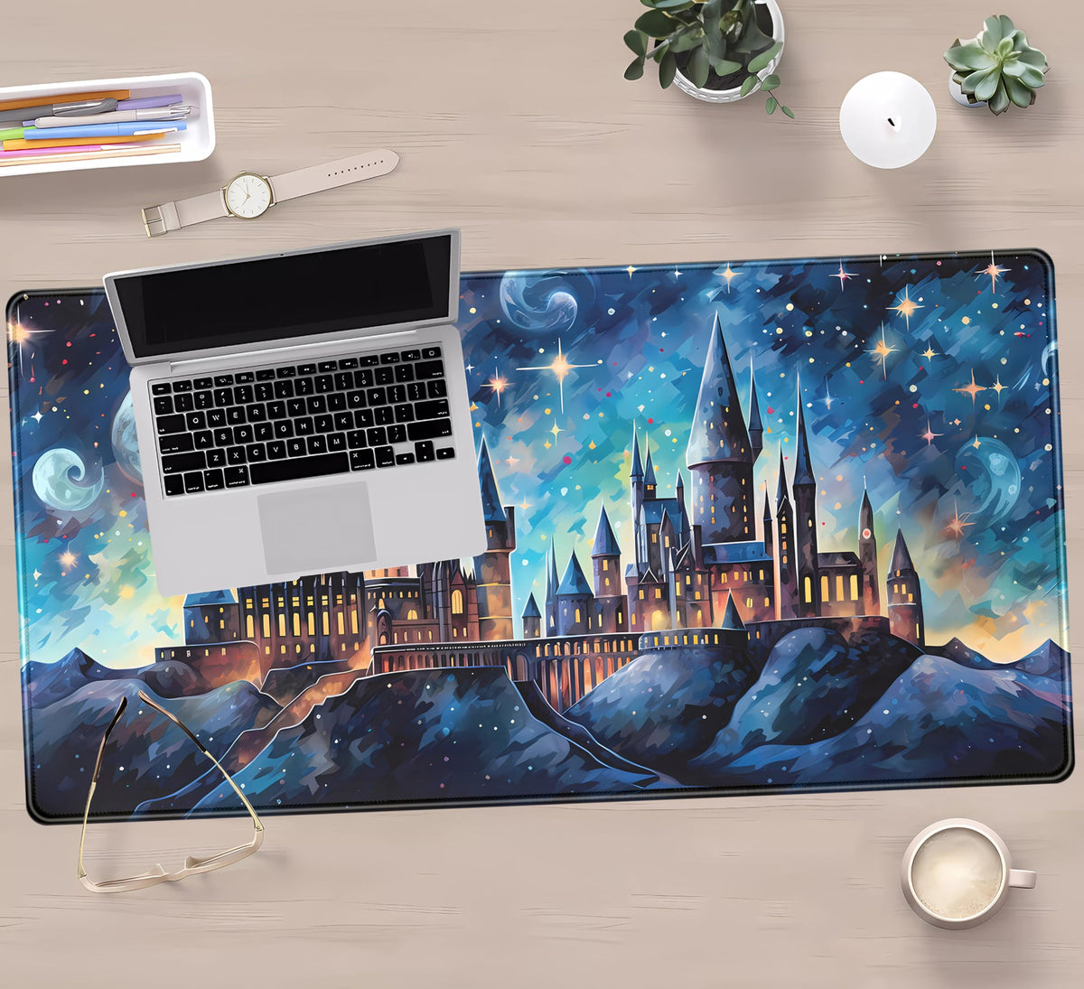 Blue Castle Desk Mat Aesthetic Cute Desk Pad, Extended Large Mouse Pad XXL Gaming Keyboard Pad