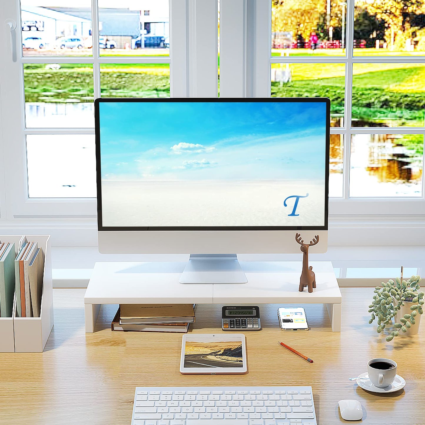 TEAMIX 20 inch White Monitor Stand Riser, Wood Desktop Computer Stand