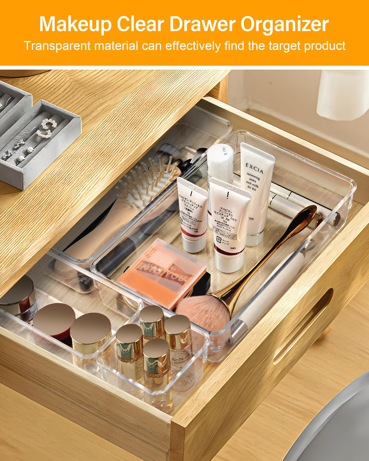 LUSCREAL 25 PCS Clear Plastic Drawer Organizers and Dividers, 4 Sizes Stackable Drawer Storage Bins