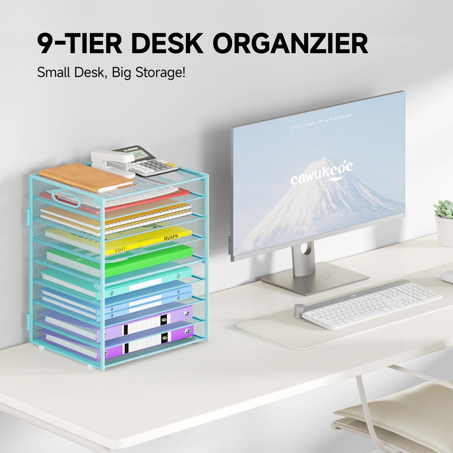 Cawukege 9 Tier Paper Organizer with Handle, Large Capacity Desk Organizer Mesh File Folder Letter