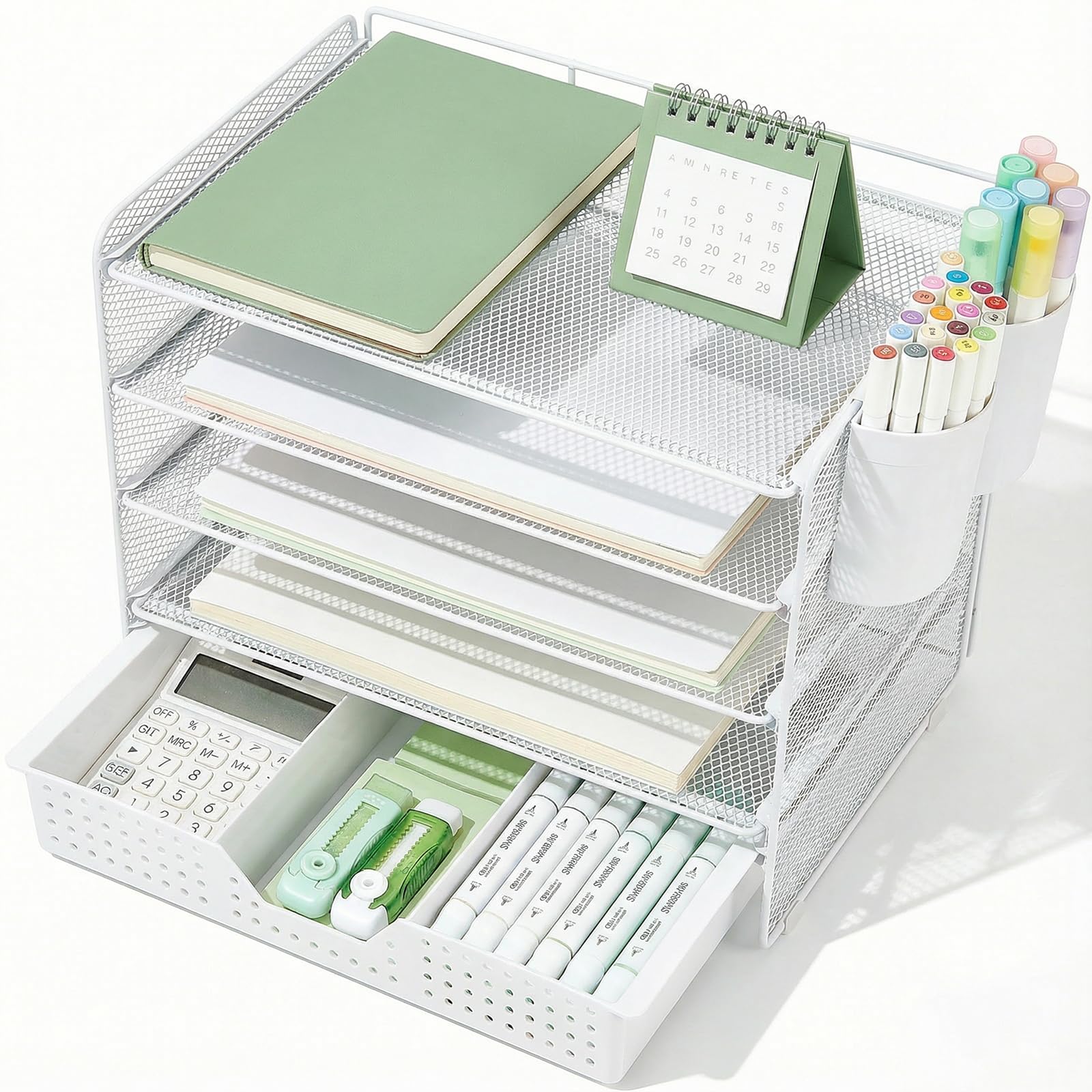 LEKETREE Desk Organizer and Accessories, 5-Tier Paper Letter Tray Organizer with Drawer & 2 Pen
