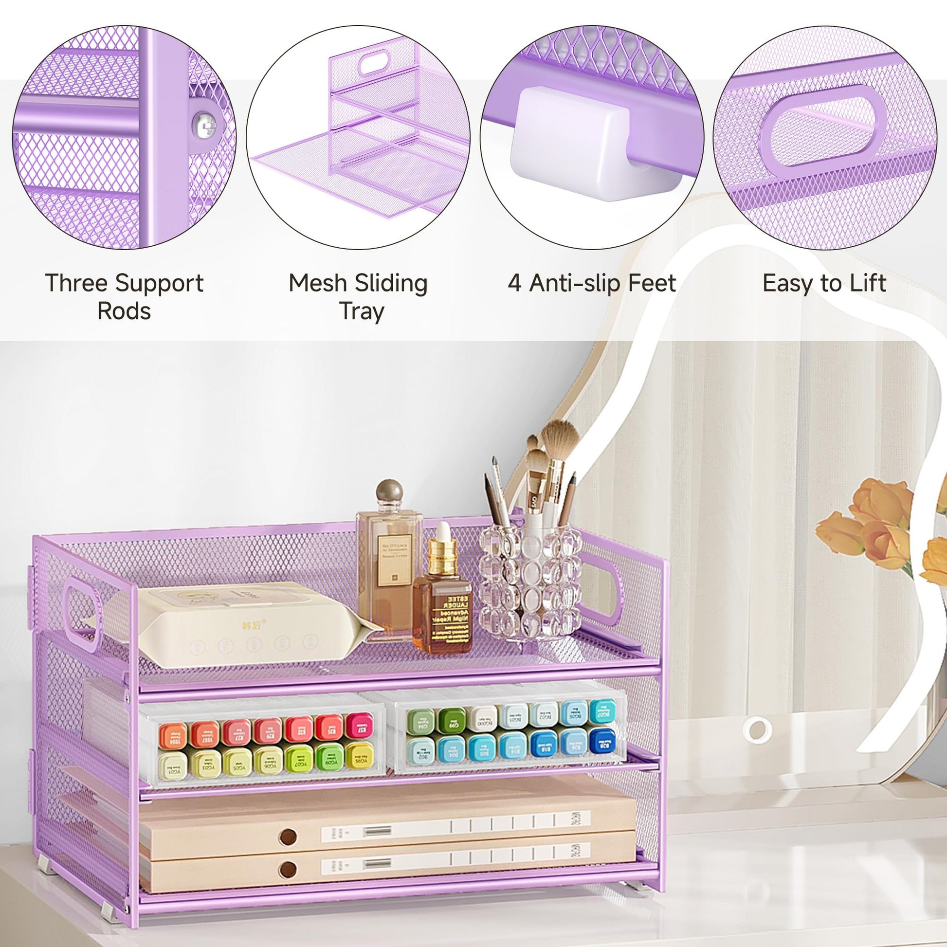 Subekyu 3 Tier Letter Tray Paper Organizer with Handle and 1 PC Sliding Tray, Purple Metal Mesh