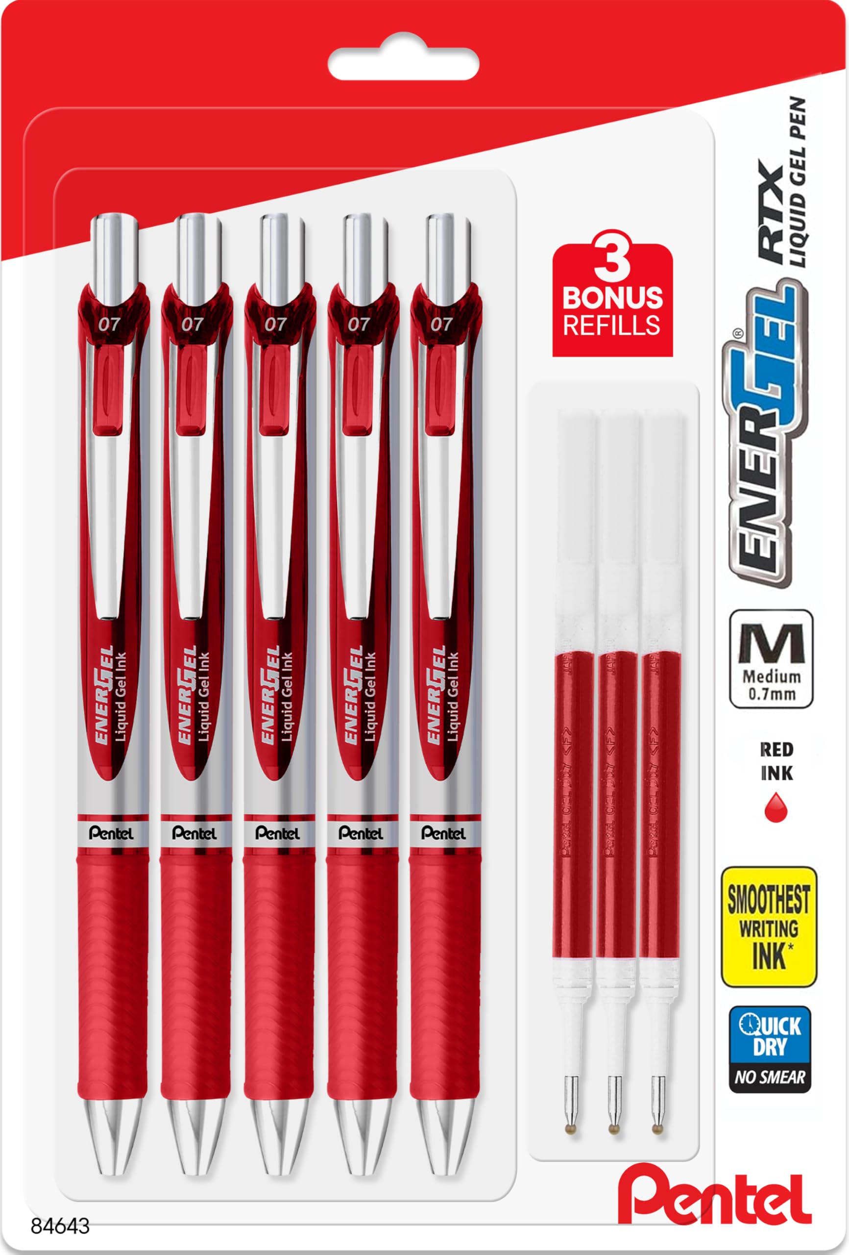 Pentel Energel 0.7 mm Liquid Gel Ink Pens - Red Ink - Metal Tip - Pack of 5 Deluxe RTX Pentel Pens