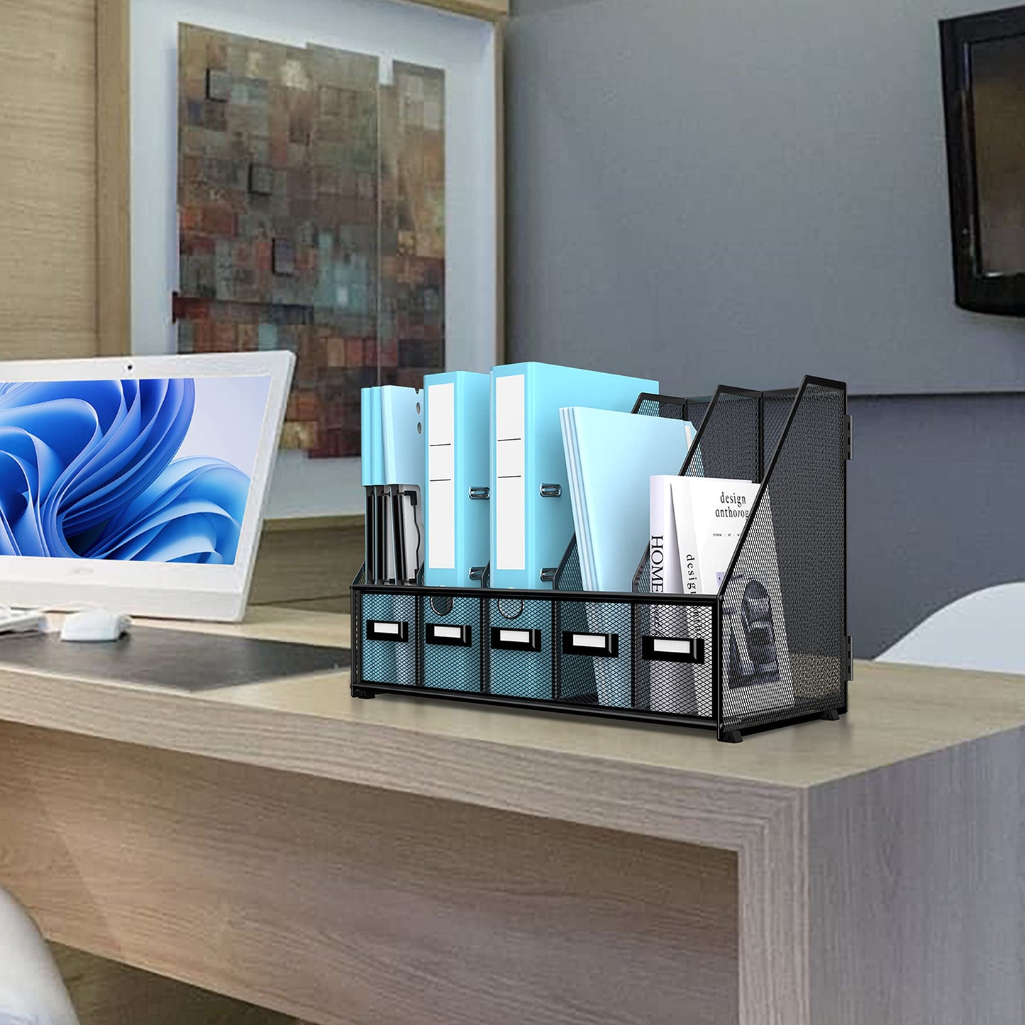 SUPEASY Desk Organizers Metal Desk Magazine File Holder with 16''x12''x12'' 5 Vertical Compartments